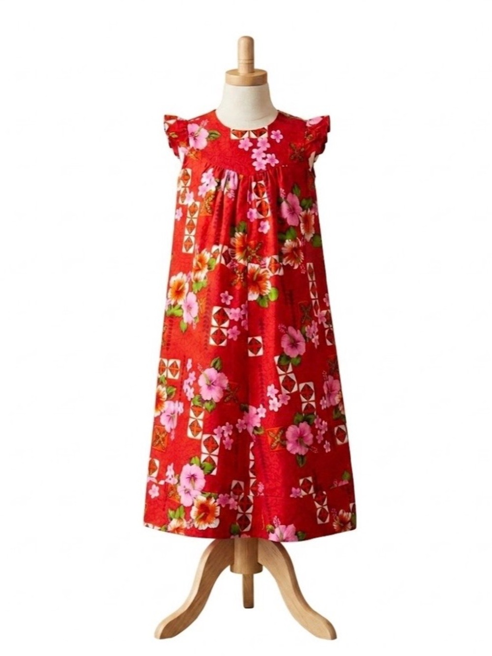 💚 Girl’s Vintage Royal Hawaiian Red Tropical Floral Cotton Aloha Maxi Dress Sz 8